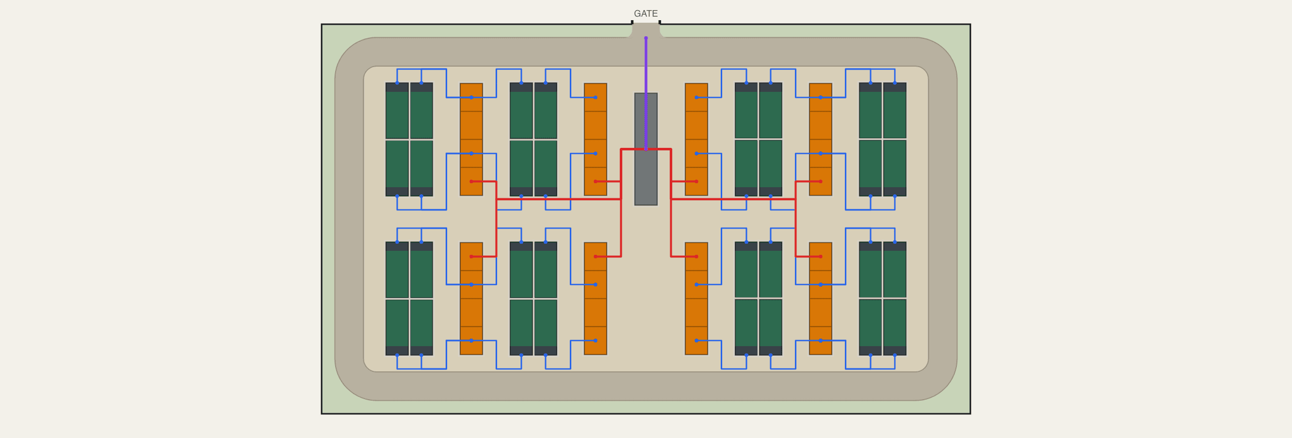 100 MW / 200 MWh BESS site layout — 32 DC blocks on 0.74 acres