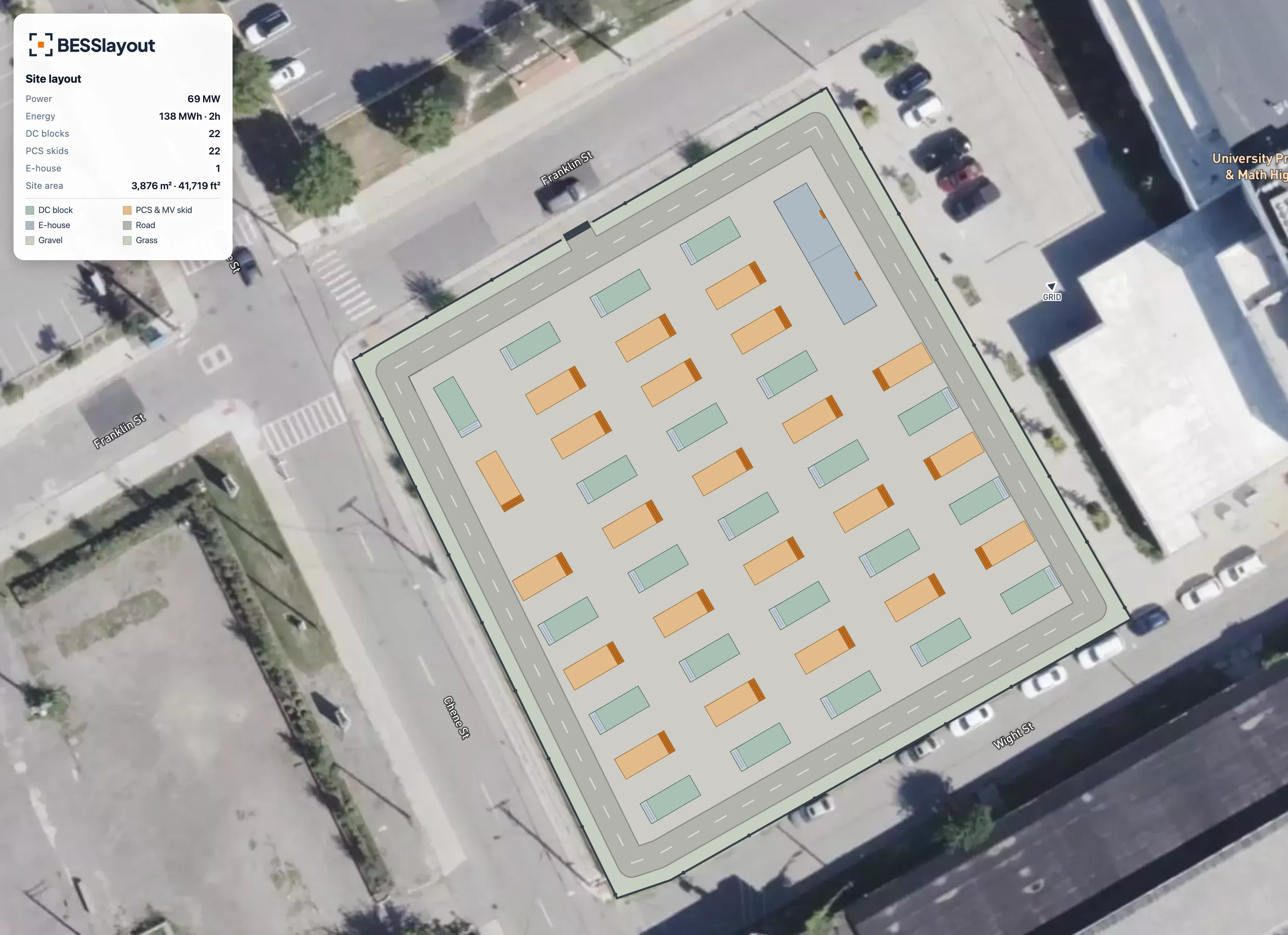 Solo DC block stacking layout — 22 DC blocks on 3,876 m²